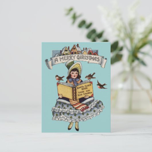  kind met kerstboek feestdagenkaart (Staand voorkant)