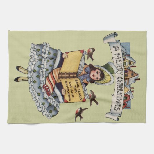 kind met kerstboek theedoek (Horizontaal)