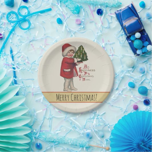 Kind met Kerstboom  Illustratie Kunst Papieren Bordje (Feest)