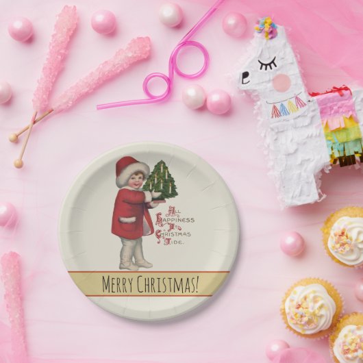 Kind met Kerstboom  Illustratie Kunst Papieren Bordje (Feest)