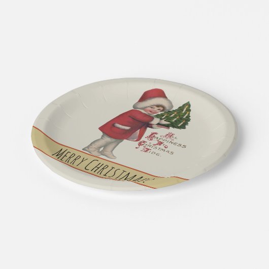 Kind met Kerstboom  Illustratie Kunst Papieren Bordje (Gekanteld)