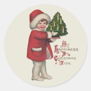 Kind met Kerstboom  Illustratie Kunst Ronde Sticker
