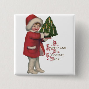 Kind met Kerstboom  Illustratie Kunst Vierkante Button 5,1 Cm