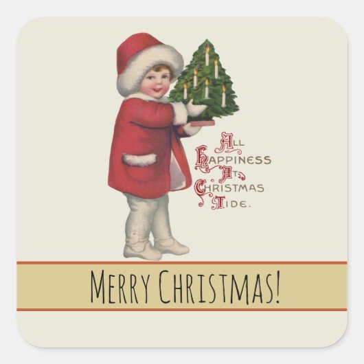 Kind met Kerstboom  Illustratie Kunst Vierkante Sticker (Voorkant)