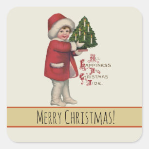 Kind met Kerstboom  Illustratie Kunst Vierkante Sticker