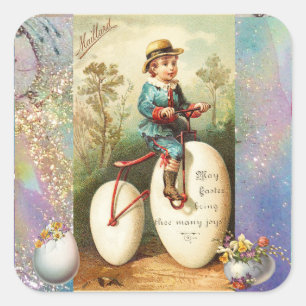 KIND MET PAAS-EI, FIETS EN KLEURRIJKE BLOEMEN VIERKANTE STICKER