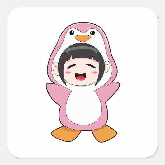 Kind met Penguin Costume Vierkante Sticker (Voorkant)