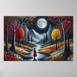 Kind met rode jas verkent fantasievol bos 's nacht poster