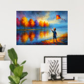 Kind met vlieger bij herfstrivier poster (Thuiskantoor)