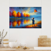 Kind met vlieger bij herfstrivier poster (Keuken)