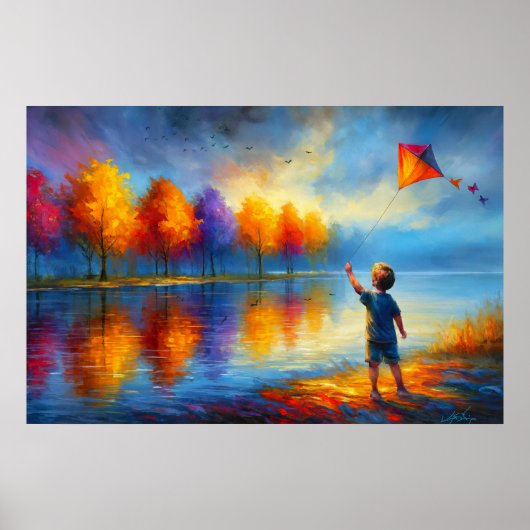 Kind met vlieger bij herfstrivier poster (Voorkant)