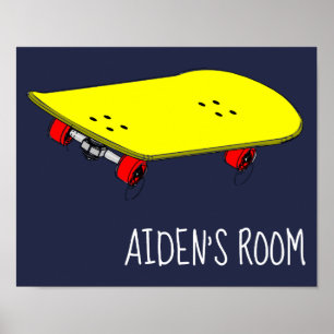Kind naam slaapkamer kunst Gele skateboard cool te Poster