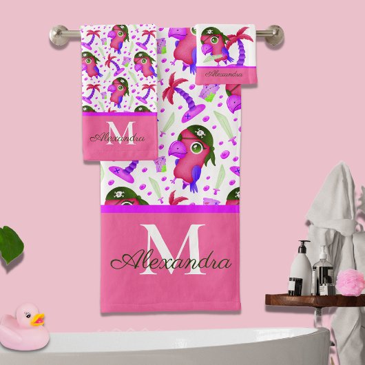 Kind Nautical Pink Paars Pirate Parrot Bad Handdoek