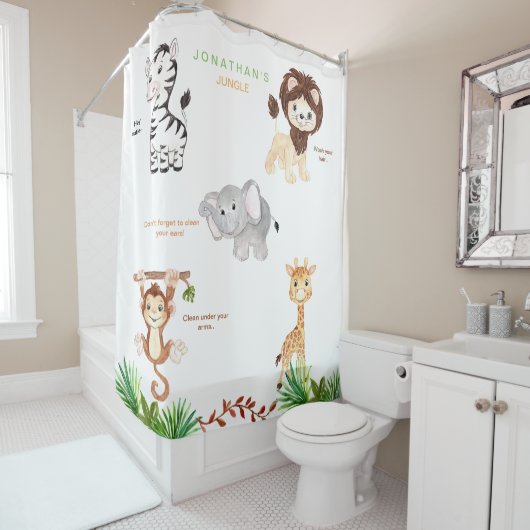 Kind Oerwoud Dieren Grappige aangepaste naam Wit Douchegordijn (In situ)