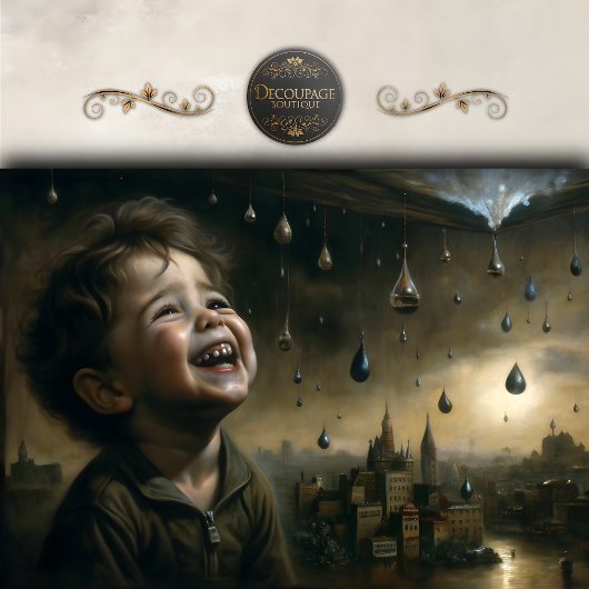 Kind Onder Regen Surrealistisch Decoupage Toneel Tissuepapier