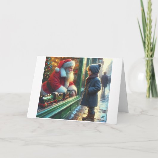 Kind ontmoet Kerstman door het raam, Feestdagen Kaart (Voorkant)