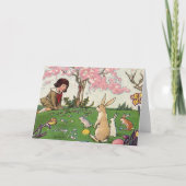  kind op een paaseihunt met dieren feestdagen kaart (Voorkant)