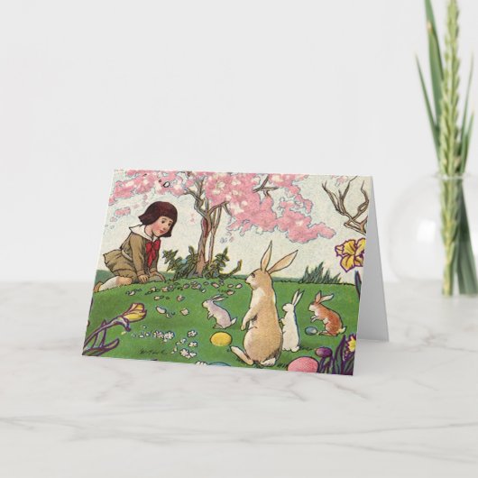  kind op een paaseihunt met dieren feestdagen kaart (Voorkant)