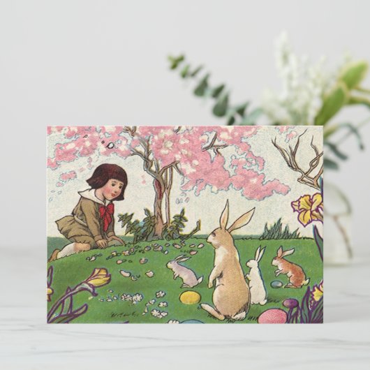  kind op een paaseihunt met dieren feestdagenkaart (Staand voorkant)