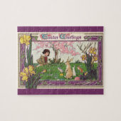  kind op een paaseihunt met dieren legpuzzel (Horizontaal)