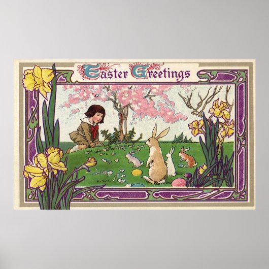  kind op een paaseihunt met dieren poster (Voorkant)