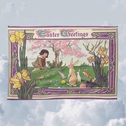  kind op een paaseihunt met dieren theedoek