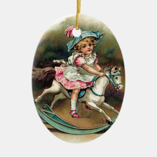   kind op rockinghorse shabbychic keramisch ornament (Voorkant)