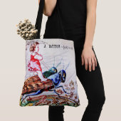 Kind op sprinkhanen rijdt tote bag (Dichtbij)