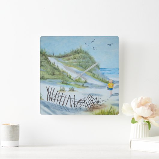 kind op zandige waterverf vierkante klok (Huis)