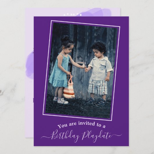 Kind Paarse Verjaardag Playdate Custom Foto Kaart (Voorkant / Achterkant)