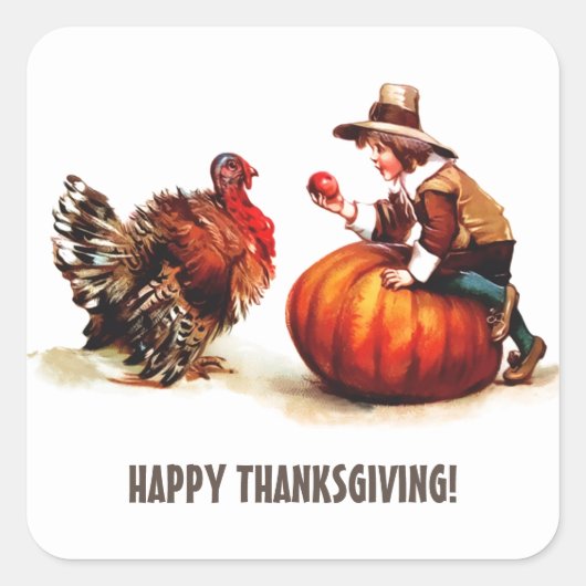  Kind Pilgrim en Thanksgiving Turkije Vierkante Sticker (Voorkant)