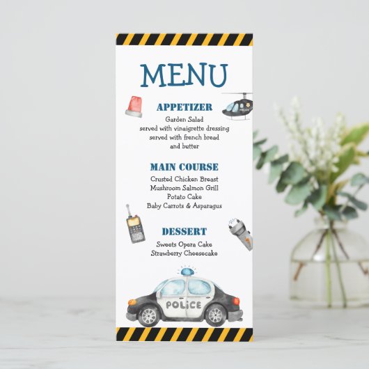Kind Politie Verjaardagsfeest Menu (Staand voorkant)