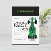 Kind Race Car Green Birthday Party Invitation Kaart (Staand voorkant)
