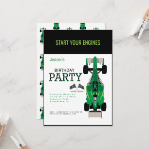 Kind Race Car Green Birthday Party Invitation Kaart