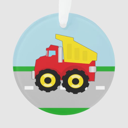 Kind Red/Yellow Dump Truck on Road Ornament (voorkant)