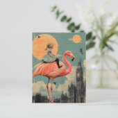 Kind rijdt op een roze flamingo briefkaart (Staand voorkant)
