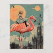 Kind rijdt op een roze flamingo briefkaart (Voorkant)