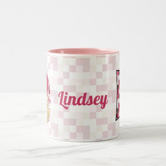 Kind roze leeuwenkonogram letter L Tweekleurige Koffiemok (Center)