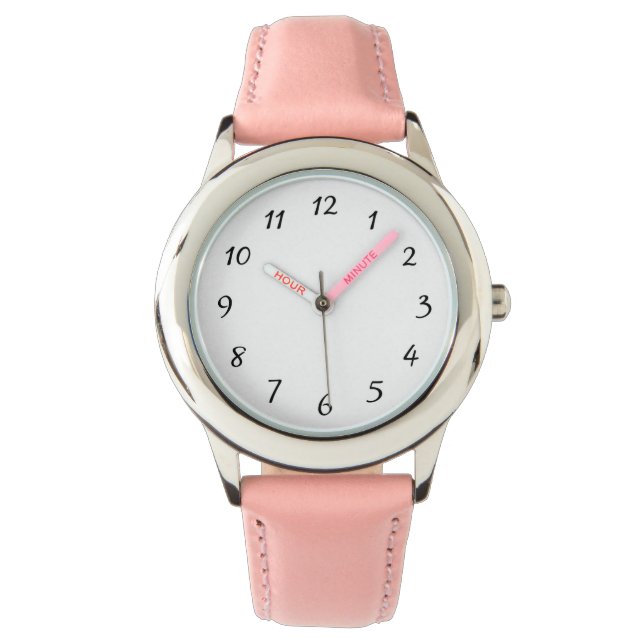 Kind Roze roestvrij staal Roze lederen riem Horloge (Voorkant)
