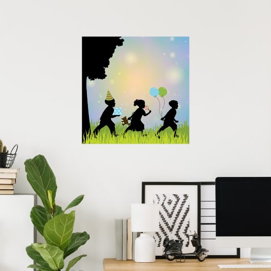 Kind Silhouette Balloons Kind Wandkunst Afdrukken Poster (Thuiskantoor)