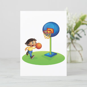 Kind speelt basketbal met basketplezier sport kaart