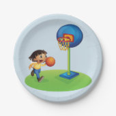Kind speelt basketbal met basketplezier sport papieren bordje (Voorkant)