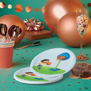 Kind speelt basketbal met basketplezier sport papieren bordje