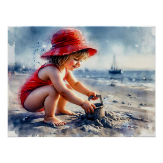 Kind speelt op zonnig strand, perfect poster