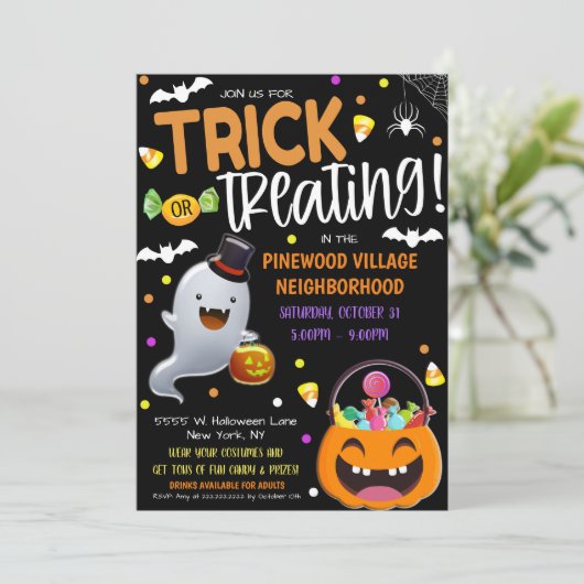 Kind Trick or treat Halloween Feestuitnodiging Kaart (Staand voorkant)