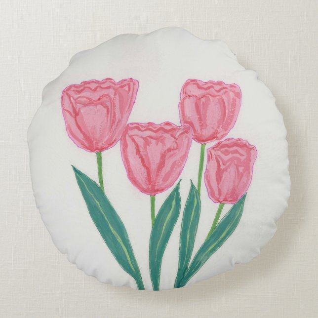 Kind Tulpen Bloemen Sierkussen Rond Kussen (Achterkant)