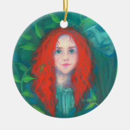 Kind van het bos, rood meisje, groene tinten keramisch ornament