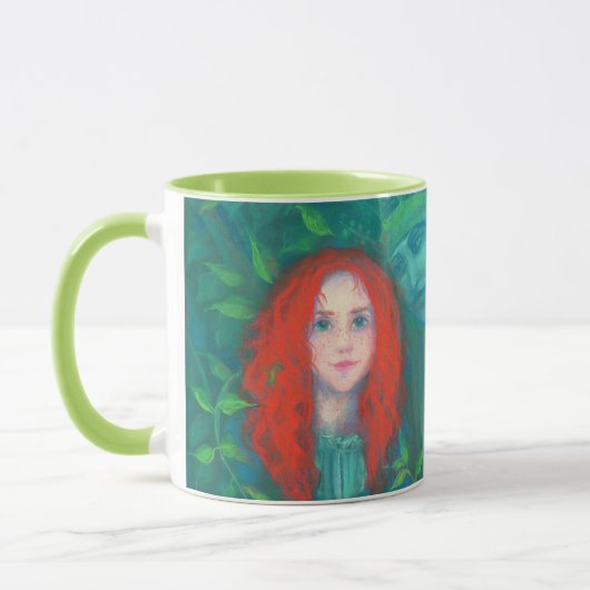 Kind van het bos, rood meisje, groene tinten mok (Links)