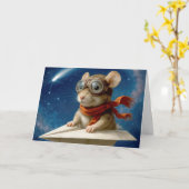 Kind Verjaardagsmuis Vliegen In Een Papieren Vlieg Kaart (Gele Bloem)