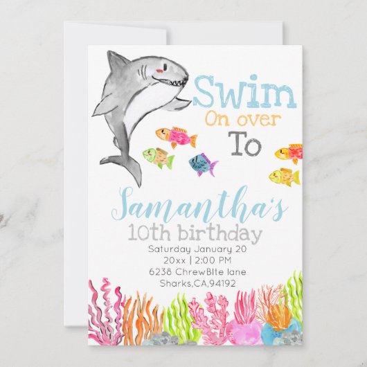Kind verjaardagsuitnodiging voor haaienthema kaart (Voorkant)